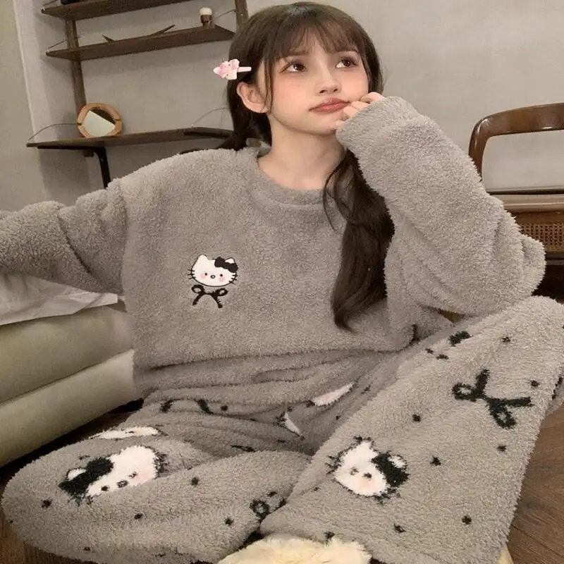 

Новая теплая женская кофта Sanrio Hello Kitty в корейском стиле, с милым мультяшным дизайном, утолщенная, из мягкого плюшевого флиса, с длинными рукавами, для уюта