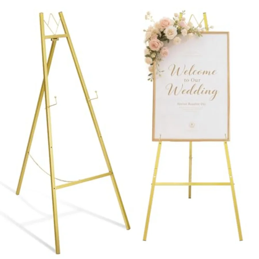 

46.7" Gold Easel Stand for Wedding Signs – No Assembly Needed, Heavy Duty Metal Display Stand for Art, Welcome Signs, Posters, P