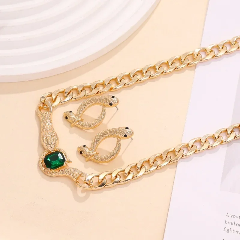 

2025 Jewelry Retro Exaggerated Thick Chain Metal Snakehead Jade Necklace, Earrings