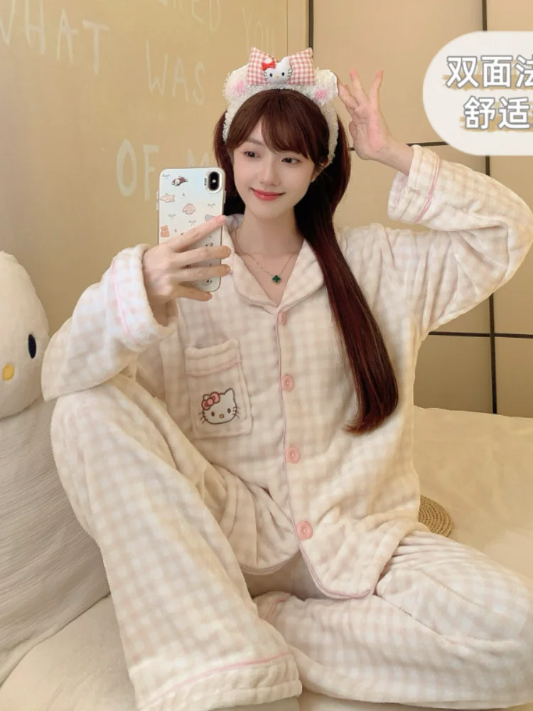 Зимний пижамный комплект с клетчатым принтом «Hello Kitty», новый пижамный костюм с героями мультфильмов, теплый корейский милый плюшевый домашний комплект Y2K, милая одежда для сна