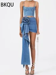 BKUQ 2024 New 3D Three-dimensional Rose Blue Denim Skirts Women Irregular Hem Patchwork Fashion Zipper High Waist Y2k Mini Skirt