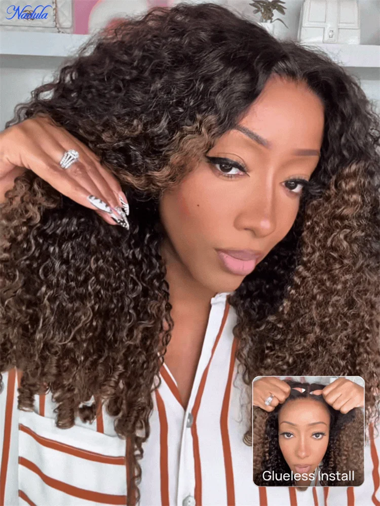 Peluca rizada birmana Nadula sin pegamento con puntas en espiral, color castaño oscuro ombré, encaje transparente HD precortado 7x5, nudos predecolorados, peluca de cabello 100% humano con cordón, lista para usar, adecuada para todos los tamaños de cabeza.