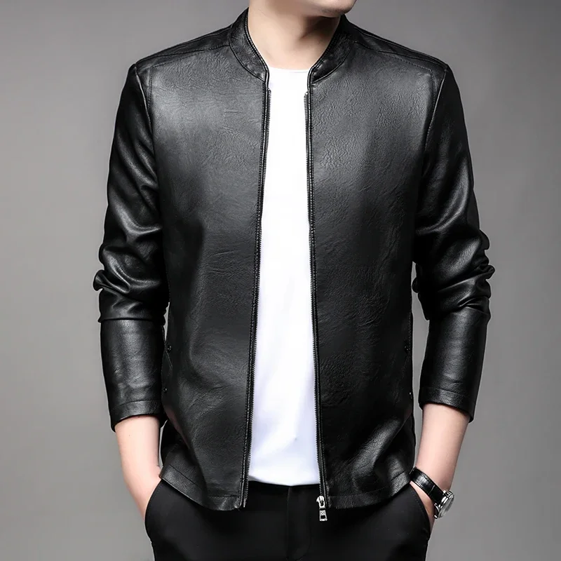 2024 New Oversize Men\'s Stand Collar PU Leather Jacket Motorcycle Plus Size Faux Leather Coat Business Casual Winter Outwear