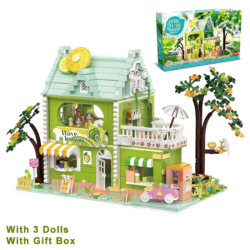 1500PCS Creative Lime Tea Shop and Chocolate Workshop Building Blocks City Street View MOC Brick Educational Toys Gifts For Kid