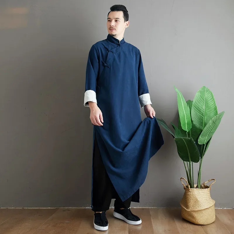 Chinese Style Traditional Long Robes For Men Hanfu Shirt Long Gown Buckle Cotton Linen Tops Kung Fu Uniform Tang Sui