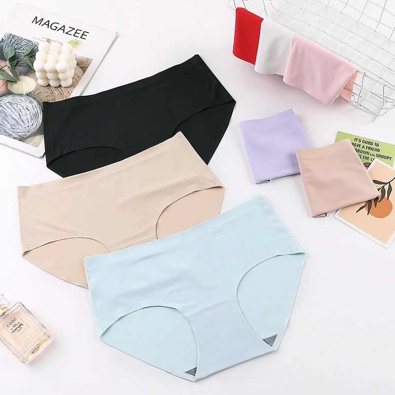 Women's Seamless Ice Silk Underwear Adhesive Waist Plus Size Solid Color Briefs Women's Fast Sleep Pregnant Asian Size