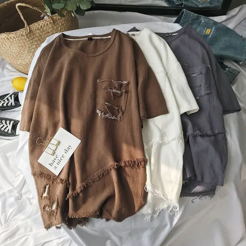 تي شيرت ممزق مخصص بأكمام قصيرة 55 نقطة للرجال بلوزة هاراجوكو فضفاضة عصرية متوسطة الأكمام #5