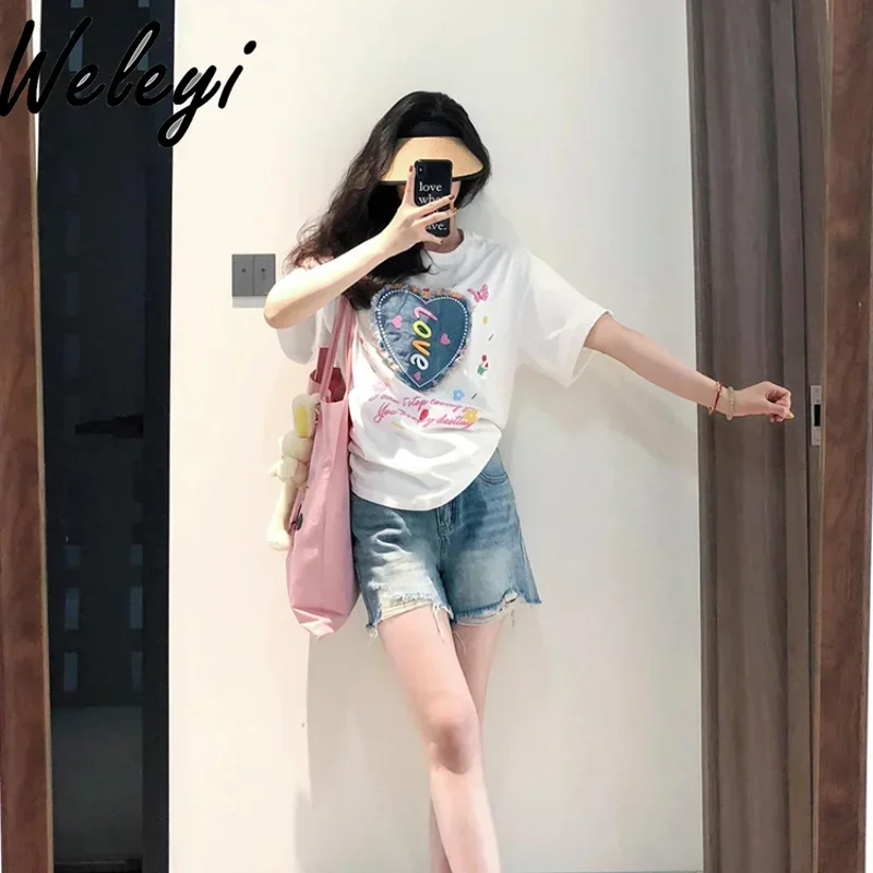 Japanese Style Sweet Cartoon T Shirt Female Creative Heart Embroidered Short Sleeve Tee Top Summer Loose O Neck Top Tops Trendy