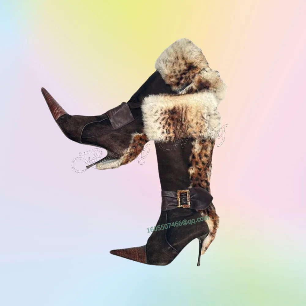 

Deep Brown Leopard Fur Decor Boots Side Belt Stilettos Shoes for Women Thin High Heels Shoes New Arrival Zapatos Para Mujere