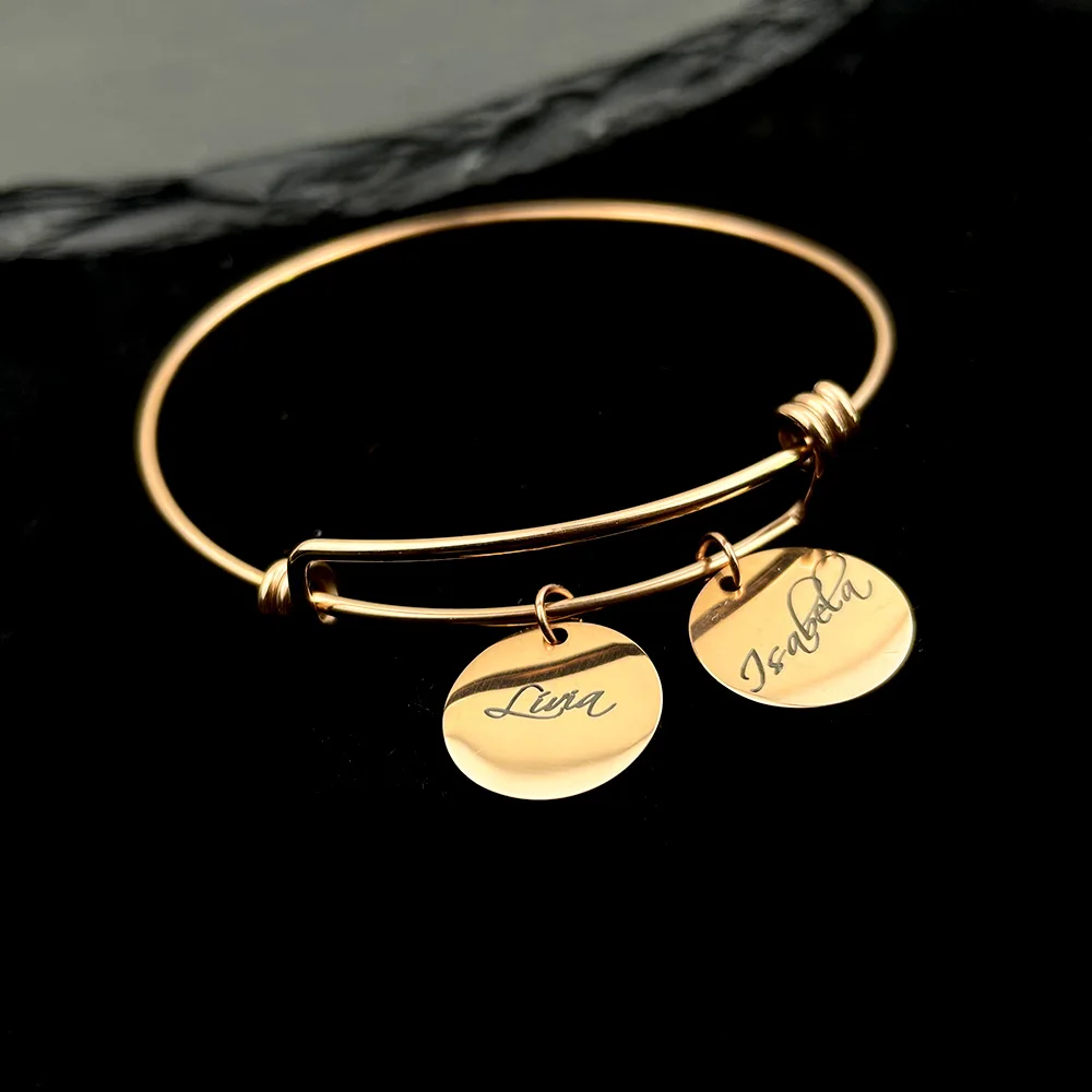 

Custom Name Bangles for Women Personalized Round Charms Bangles Stainless Steel Jewelry Adjustable Bracelets Gifts Pulsera Mujer