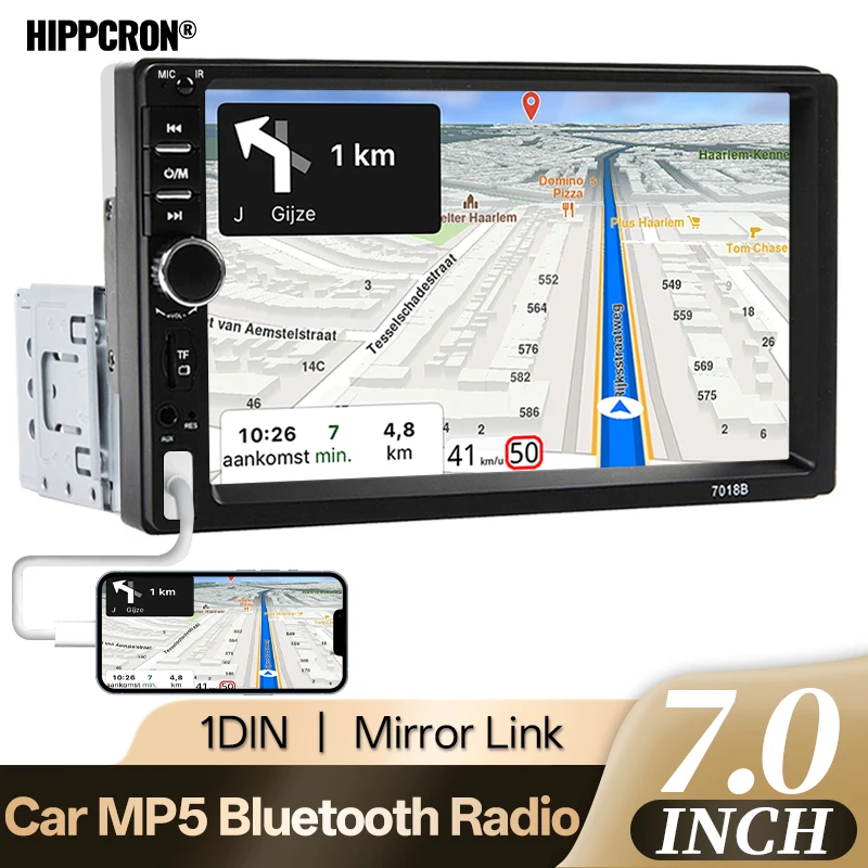 

Автомагнитола Hippcron 1 DIN с Bluetooth, мультимедийный MP5-плеер, 7-дюймовый HD сенсорный экран, поддержка FM, USB, AUX, Mirrorlink, 12В