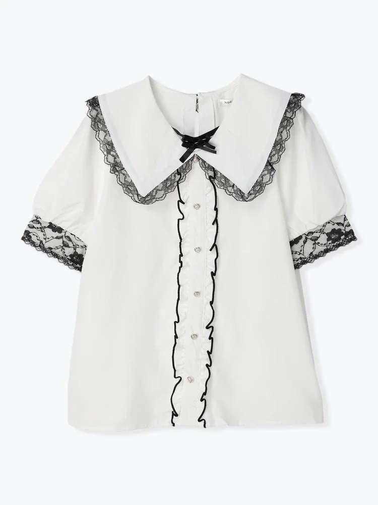 Blusa japonesa Lolita de encaje con volantes para mujer, camisa con lazo de una sola pieza, Color sólido, Tops de verano