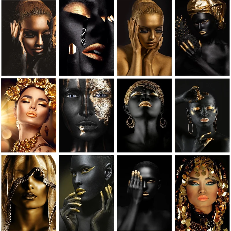 Black and Gold African Woman Poster Modern Wall Art Canvas Painting Black Woman Prints Decorative Pictures for Living Room Decor