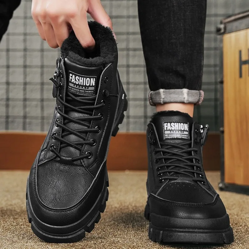 

Men's Warm Winter Boots Fleece Lining Zipper Design Anti-Slip Thick Sole Durable Work Boots Outdoor Hiking Zapatos De Hombre