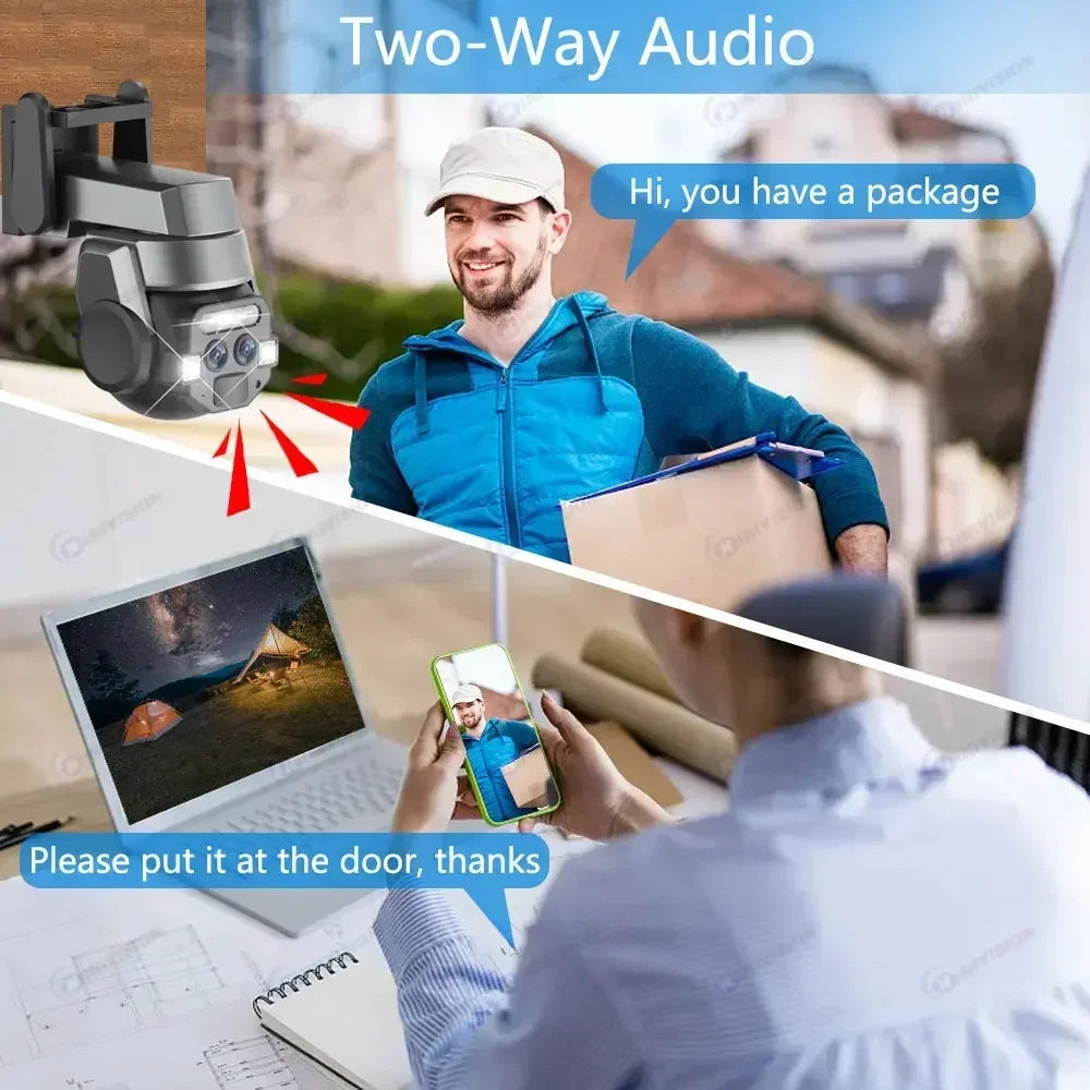 กล้องวงจรปิด 4K 8MP WiFi PTZ IP สำหรับภายนอกอาคาร เลนส์คู่ ซูม 10 เท่า เสียงสองทาง ติดตามอัตโนมัติ ป้องกันความปลอดภัย กล้องตรวจสอบ