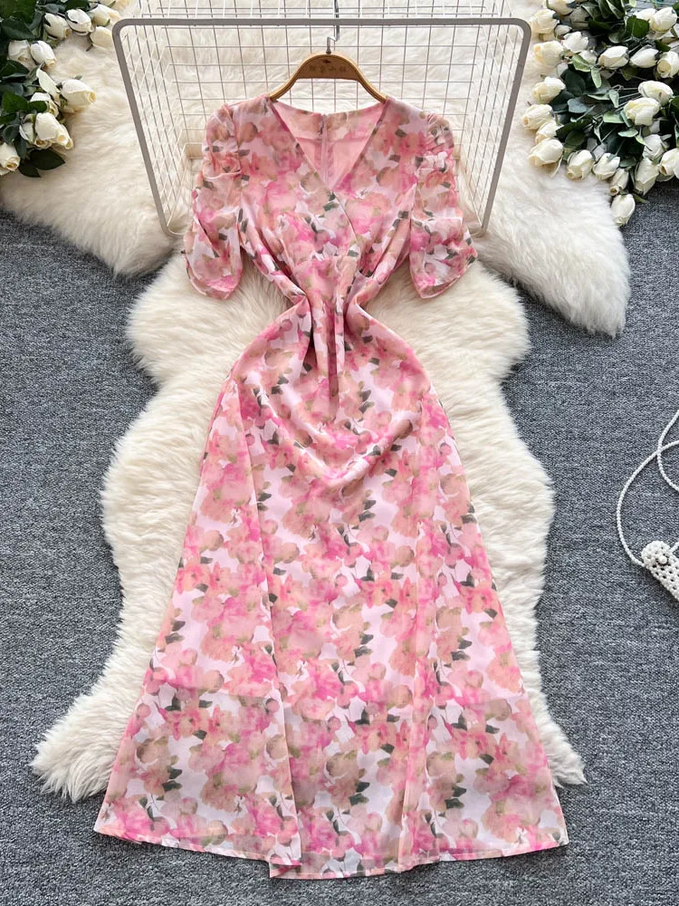 

Chiffon Dress 2025 Evening Dress Summer Women Sweet Floral Long Chic Dress V-Neck Elegant Vestidos Bandage Fashion Robe Femmes