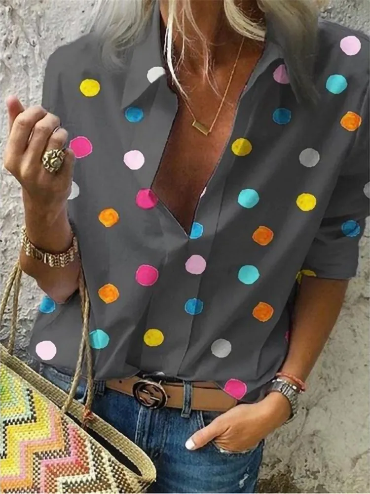 2023 New Polka Dot Blouse Women Turn Down Collar Long Sleeve Shirts Plus Size Clothes Streetwear White Blouse Women