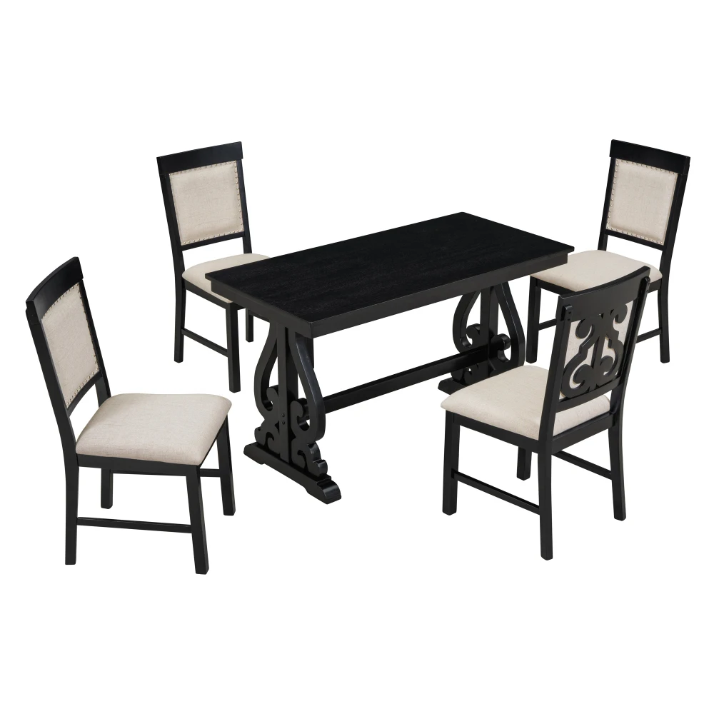 

5-Piece Retro Dining Set, Rectangular Wooden Dining Table and 4 Upholstered Chairs for Dining Room and Kitchen (Black)