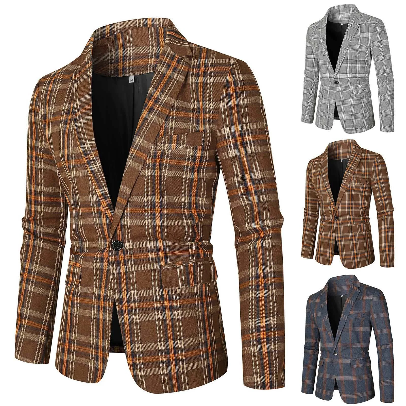 Plaid Jacket Turndown Collar Suit Coat Slim Fit One Button Official Jackets Thin Top Men's Lightweight Outwear Male Coat 2024