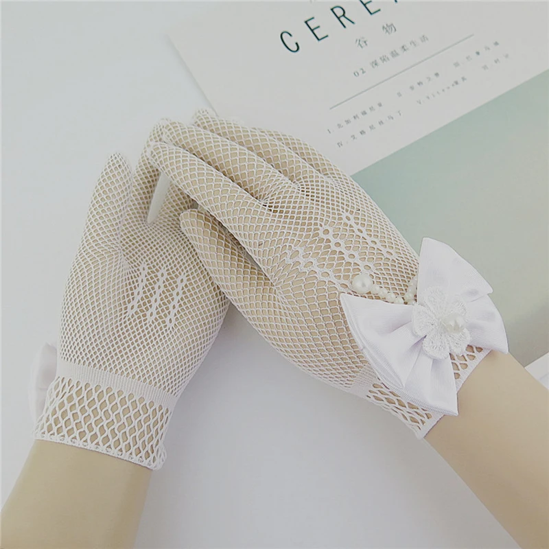 1 Pair Girls Kids White Lace Faux Pearl Fishnet Gloves Communion Flower Girl Bride Party Ceremony Accessories