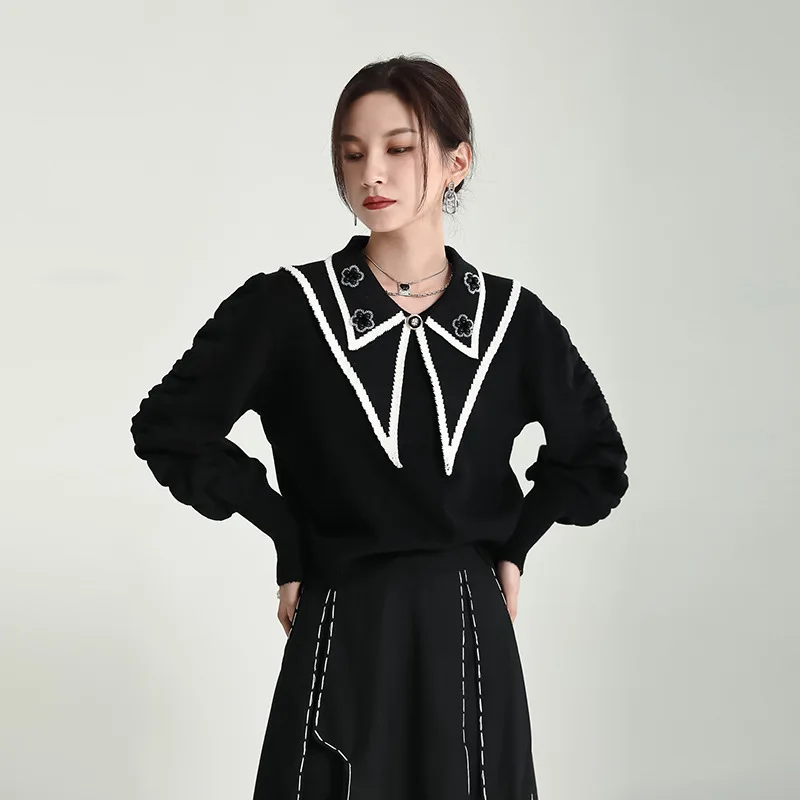 

Double-layer Collar Long Sleeve Knitting Pullover Sweater Autumn Winter Women Streetwear Chic Loose Casual Pullovers Tops 3612