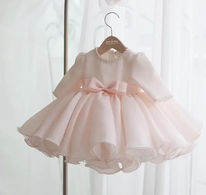 Long Sleeve Baby Girl Dresses Beads Bow Baptism Dress for Princess 1 year Birthday Party Wedding Gown Baby Christening Clothing