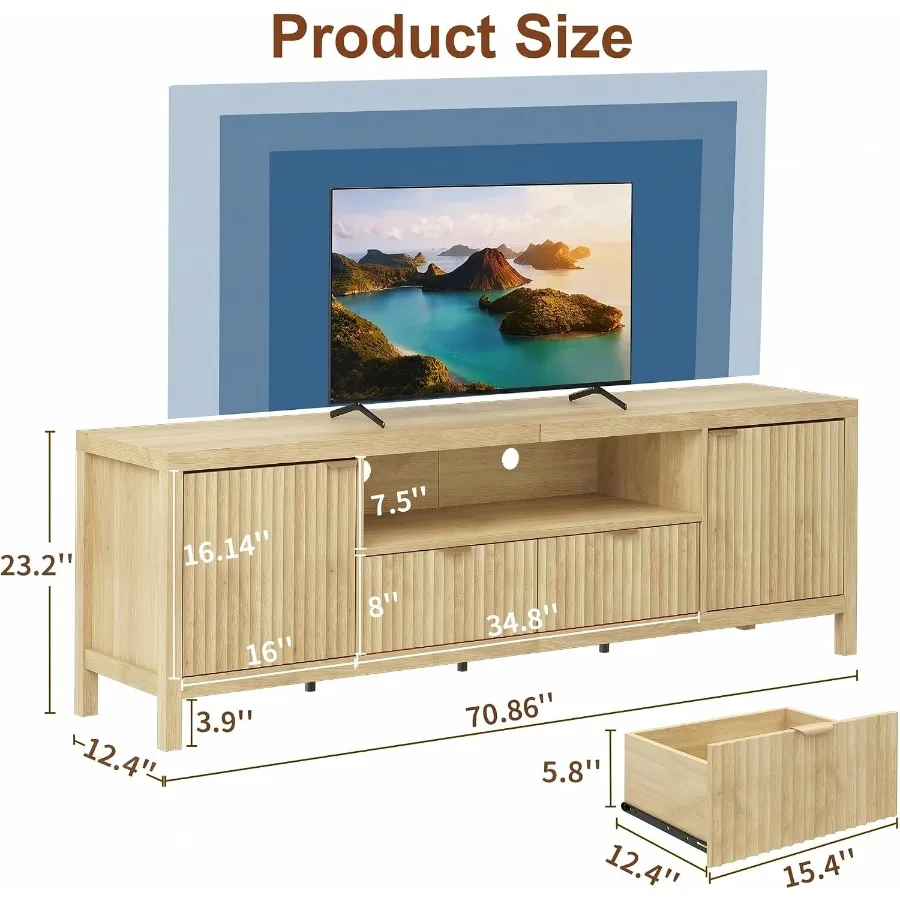 Fluted TV Stand for 65/75 Inch TVs, engineered wood, matte black, adjustable shelves and cable management