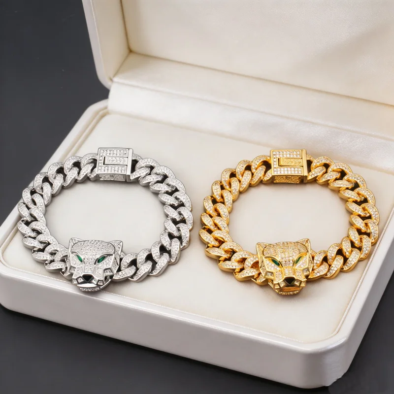 Vintage Fashion Hip Hop Style Bracelet Women Men Inlaid Full Cubic Zircon Green Eyes Leopard Panther Cuba Chain Party Jewelry