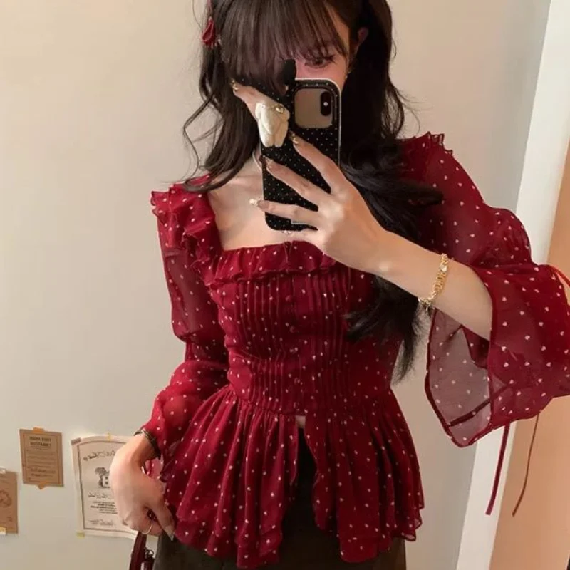

Polka Dot Long Sleeve Chiffon Blouse Women French Sweet Square Collar Slim Fit Crop Top Fashion Ruffle Y2k Shirt Autumn