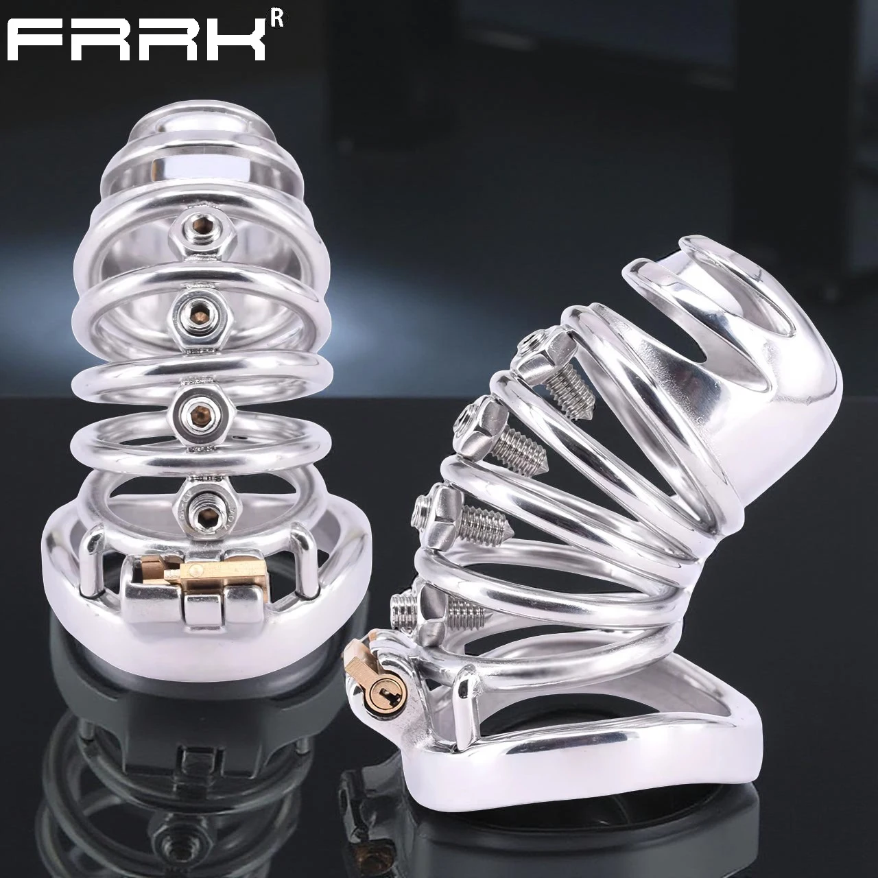 FRRK 50 dispositif de chasteté à pointes longues Cage à pénis en acier inoxydable manchettes de pénis extrême masculin verrouillées dans la Cage à coq en métal jouets sexuels pour hommes