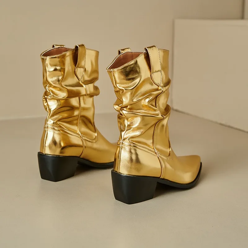 

Лаконичные короткие ботинки золотого, серебряного цвета со складками на толстом каблуке 5,5 см, осенне-зимние короткие плюшевые теплые женские ботильоны для поездок на работу, размер 32-48