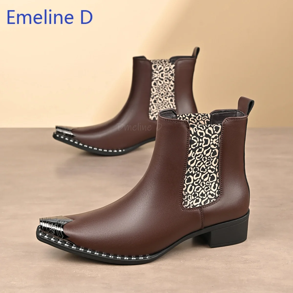 Metal Square Toe Chelsea Ankle Boot Leopard Print Elastic Side Panel Block Low Heel Studded Sole Vintage Fashion Daily ShortBoot