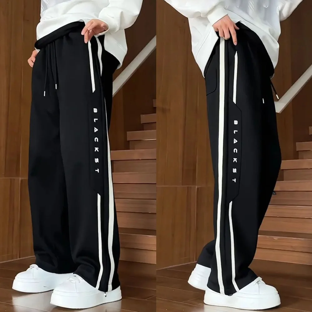 Mens Pants Printed Ribbon Pockets Pants Autumn Casual Streetwear Sports Baggy Joggers Wide Leg Pants Men's Clothing Unisex 2024