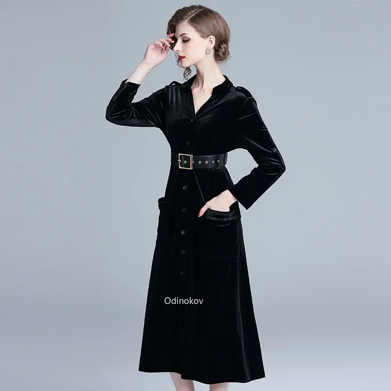 2024 Office Lady Spring Autumn Winter Velvet Long Sleeve  Black Dress Robe Trench Coat for Women