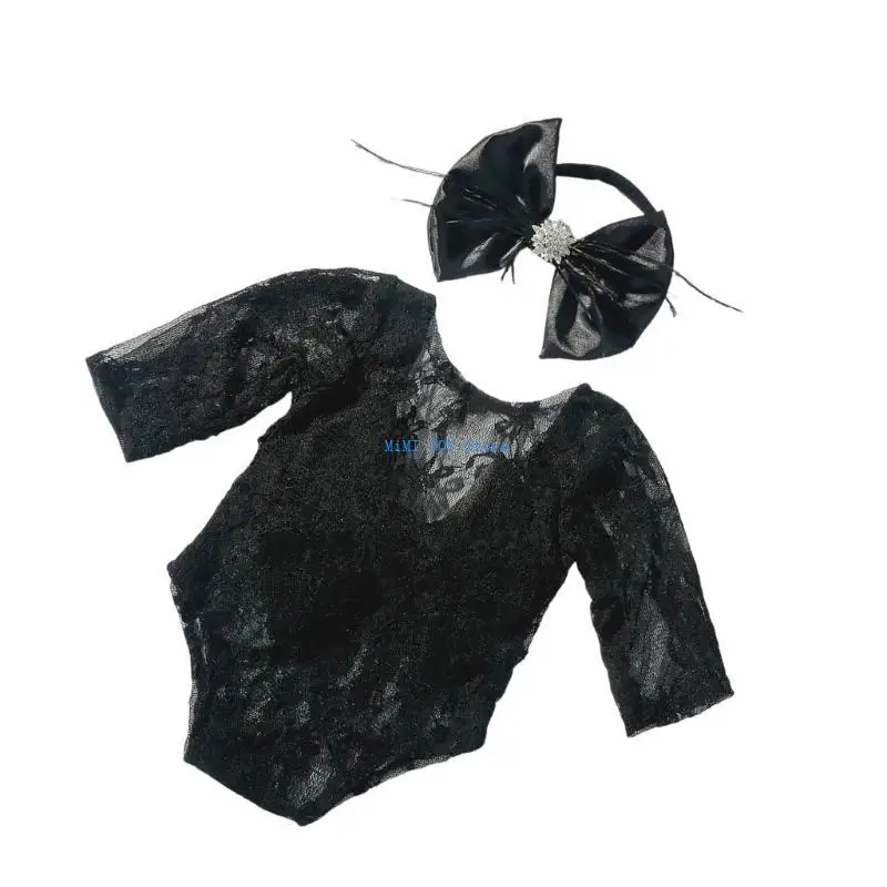 

24BE Delicate Lace Romper with Headband Baby Lace Romper Headwear for Photography
