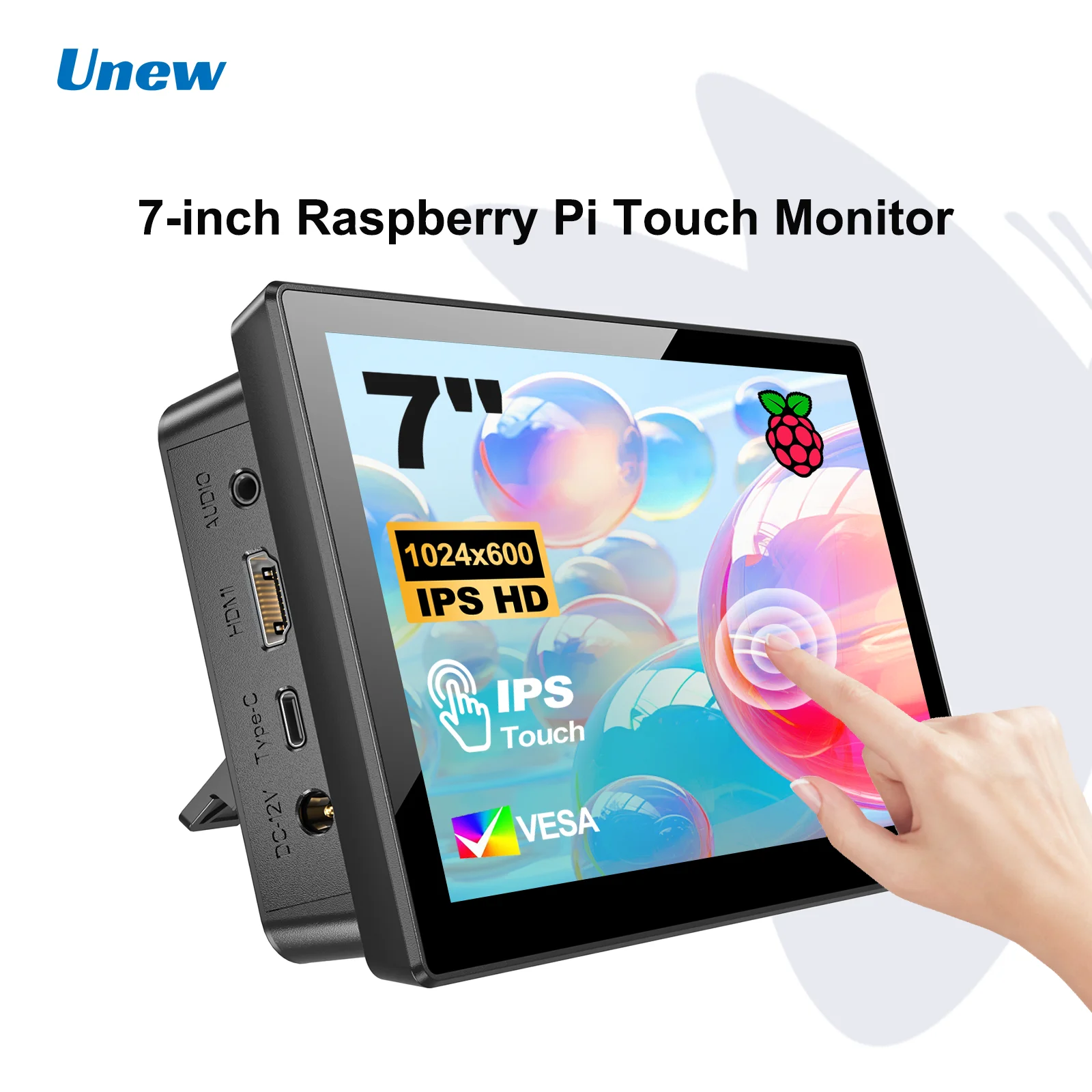 

Unew 7 inch Touchscreen Monitor 1024x600 HDMI Type-C Display for Raspberry Pi 5 4 3 Laptop Phone with 5V 3A Adapter Fan Speaker