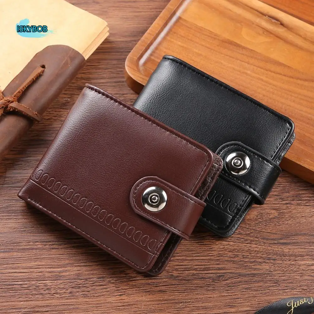 Cartera plegable de Color sólido a la moda, cartera corta delgada de gran capacidad para hombre, tarjetero con cerrojo, monedero de cuero PU para exteriores