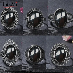 925 Sterling SilverRing for Women Gift Oval Round Natural Black Agate Ring Sun Shaped Retro Jewelry