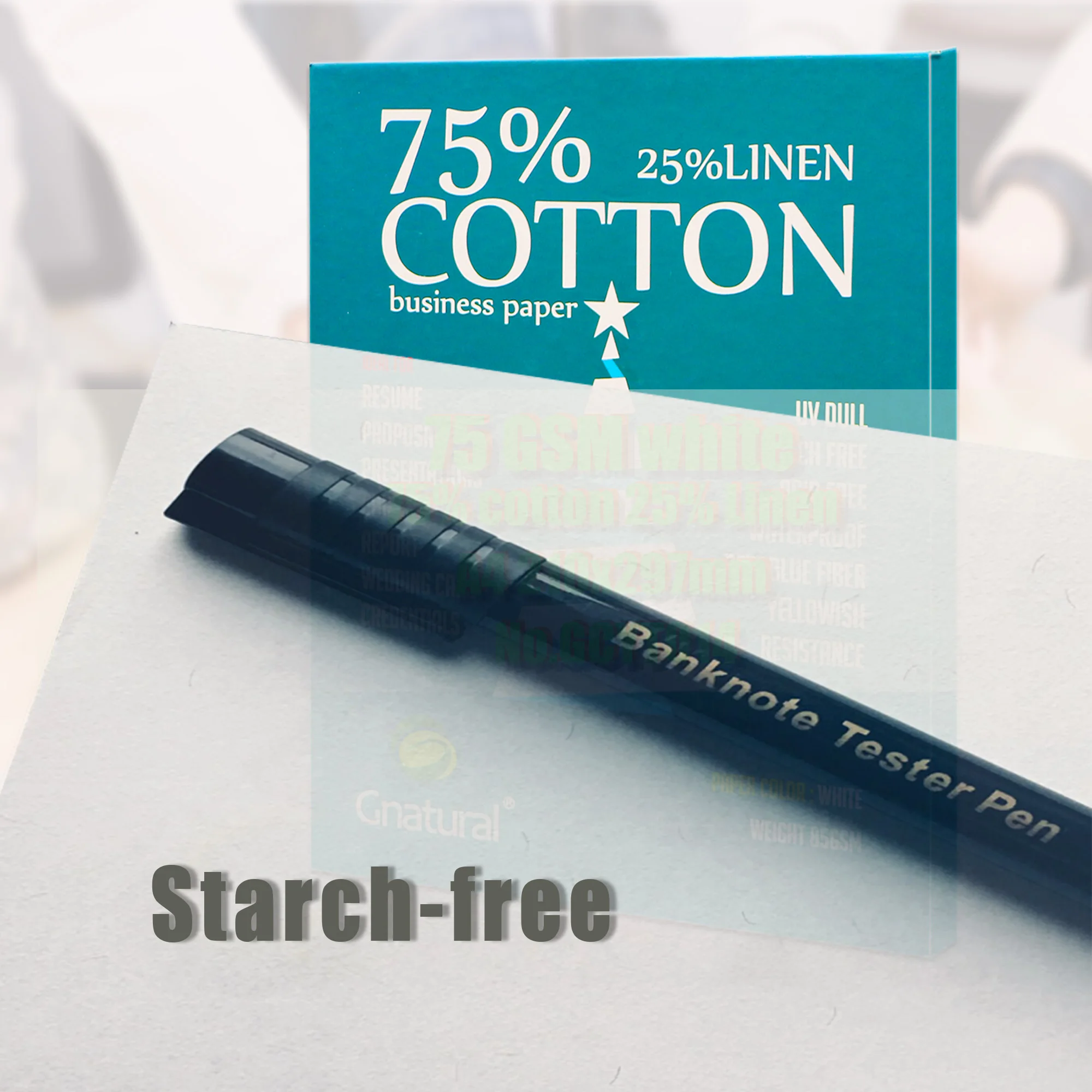 75gsm 75% Cotton 25% linen paper A4 210*297mm White color with UV invisible fiber Starch-free Waterproof 100 sheets GCYT014