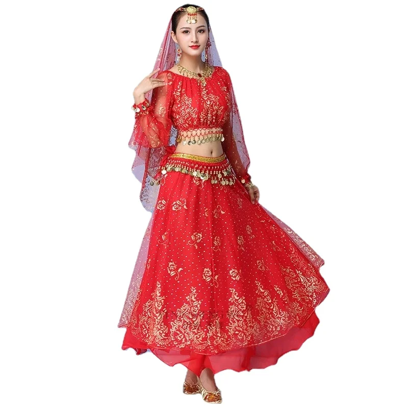 Women Indian Dance Sari Belly Dance Adult Bollywood Dress Costume Outfit Performance Clothes Chiffon Long Sleeve Top Belt Skirt