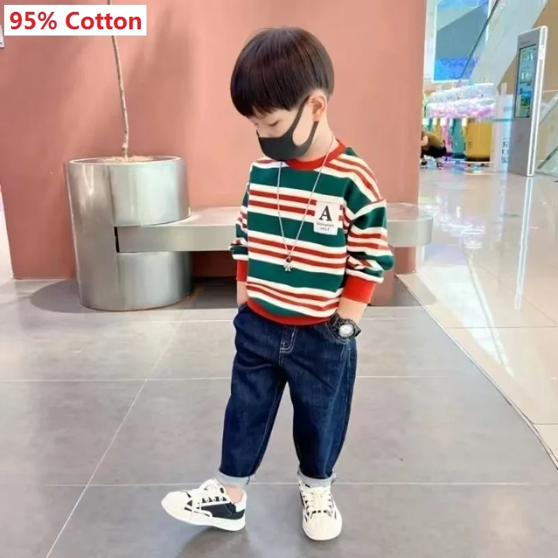 

2024 New Teens Boys Cotton Sweater + Jeans Outfits Set Spring Autumn Rainbow Stripe Autumn Clothes Cool Handsome Two Piece Set