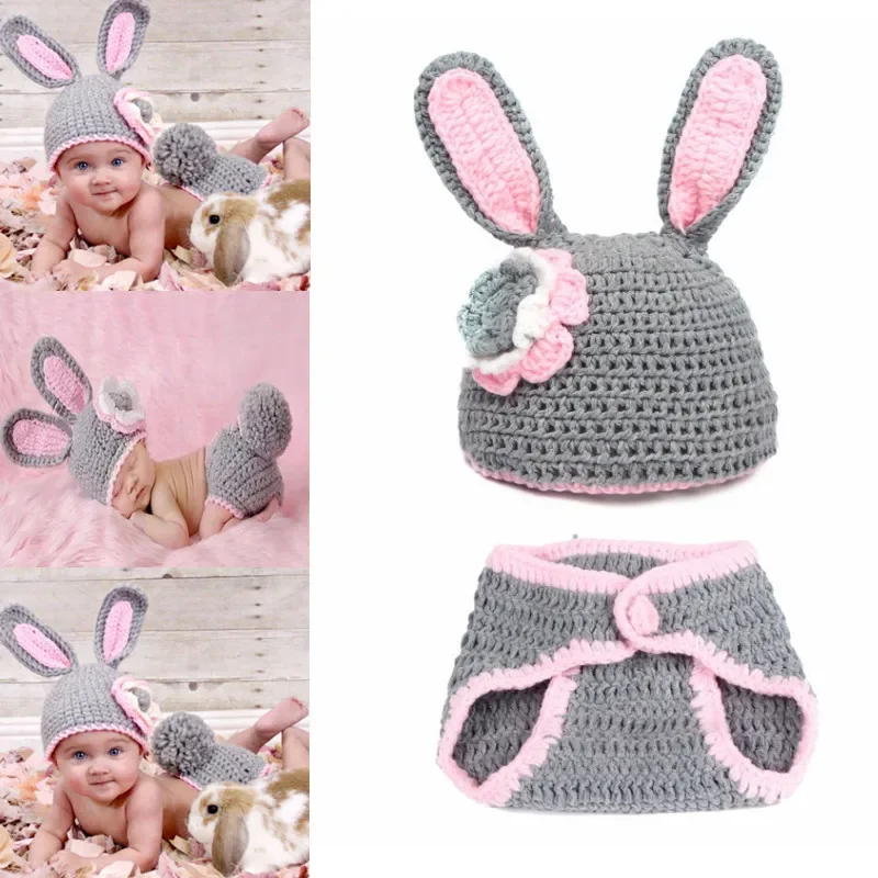 Nouveau-Né Tenue De Lapin Tricotée à La Main - Set Photographie Bébé (Bonnet+Short+Carotte) - 0-3 Mois - Cadeau Original