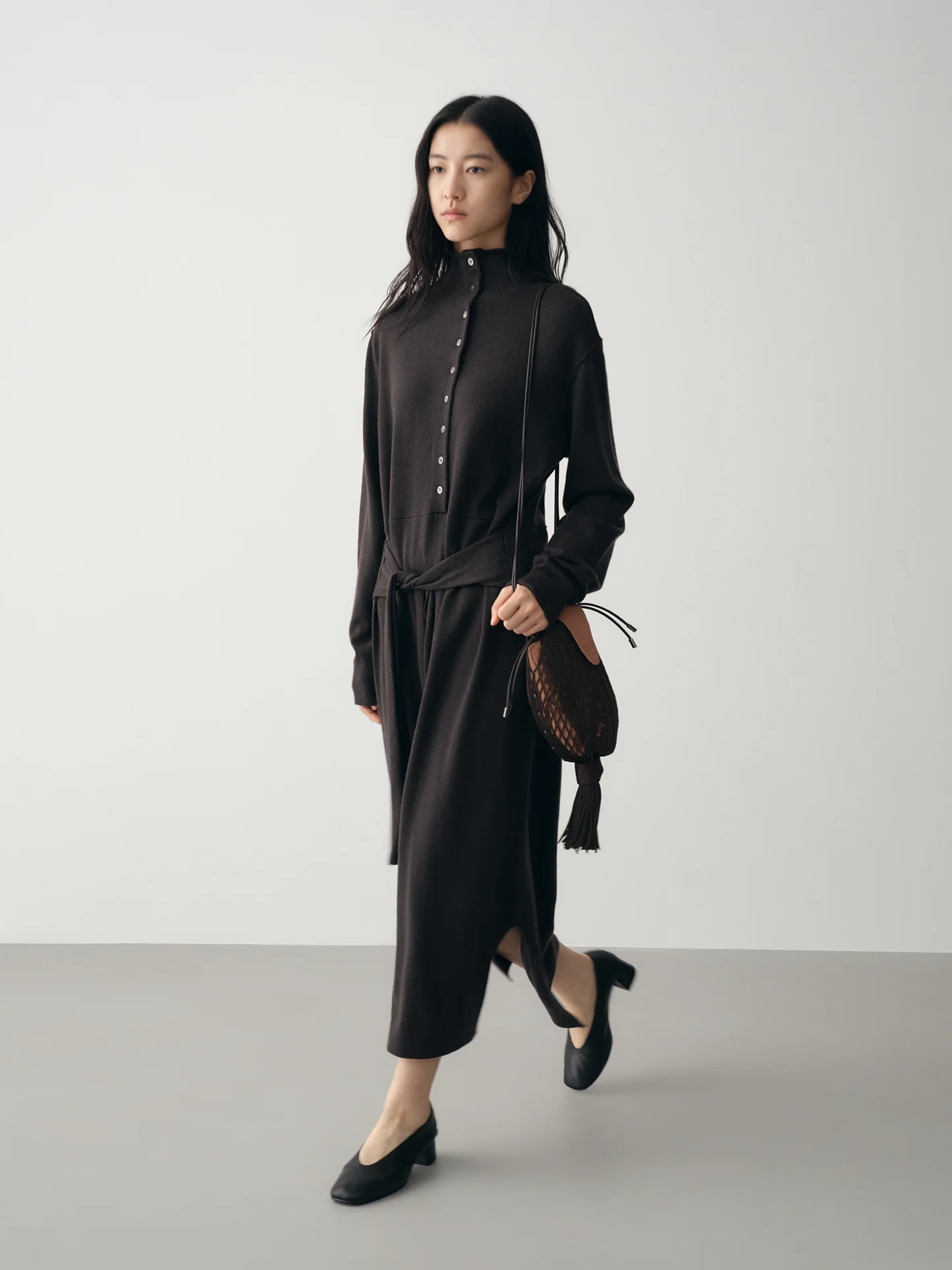 

Soft Woolen Vintage Sle Long Dr Women's High Waist Constricting Design Comfortable Fit f High Collar Spring New Arrival