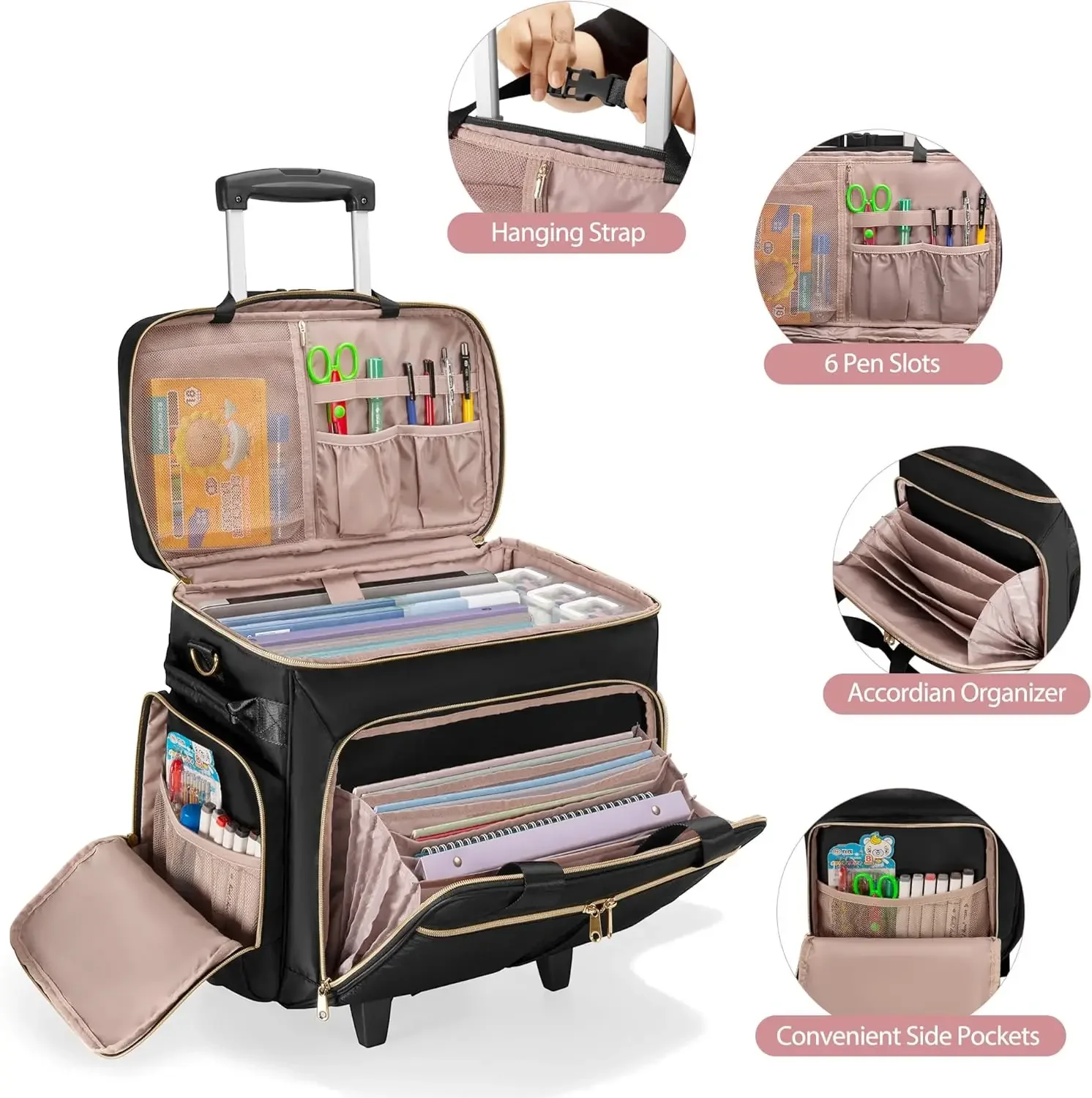 Rolling Teacher Bag with Wheels, Teacher Tote Bag with Detachable Trolley, Wheeled Bag Fits for 15.6” Laptop