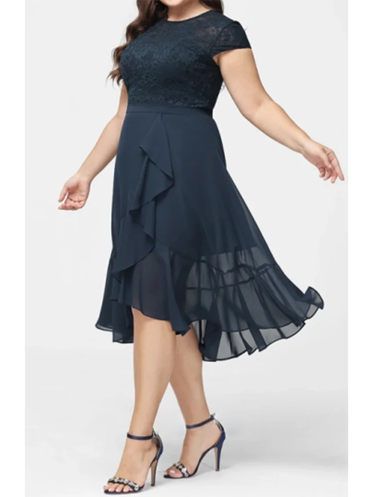 Plus Size Temperament Mother of the Bride Dresses Waistband Lace Patchwork Chiffon Dress Irregular Hem A-Line O-Neck Dress