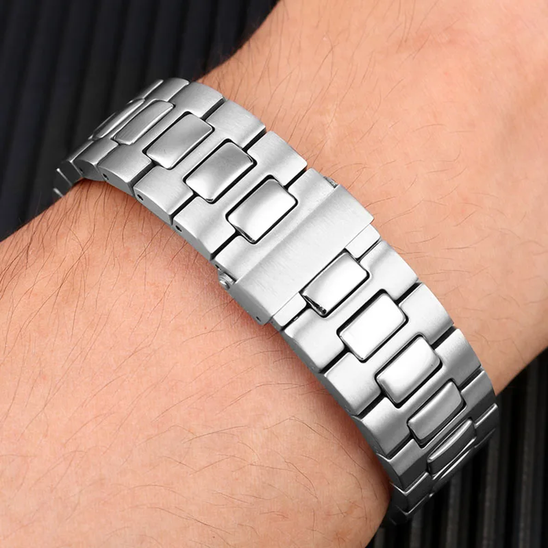 Stainless Steel Watch Strap  Bracelet Silver Metal Watchband with Folding Clasp For Patek Philippe Nautilus 5711 /1A010  25*13mm