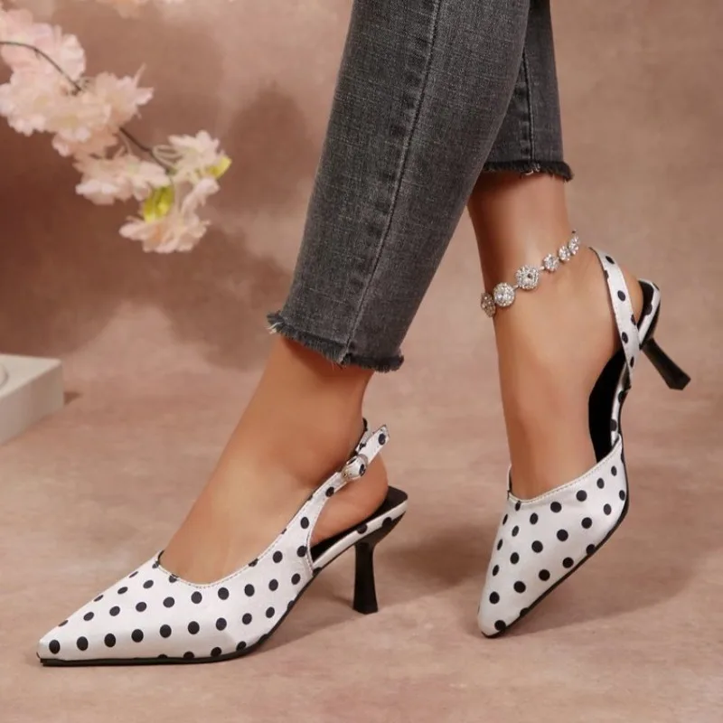 women white high heel sandals pumps slingback shoes stiletto heel fashion thin heel shoes polka dots shoes party pumps