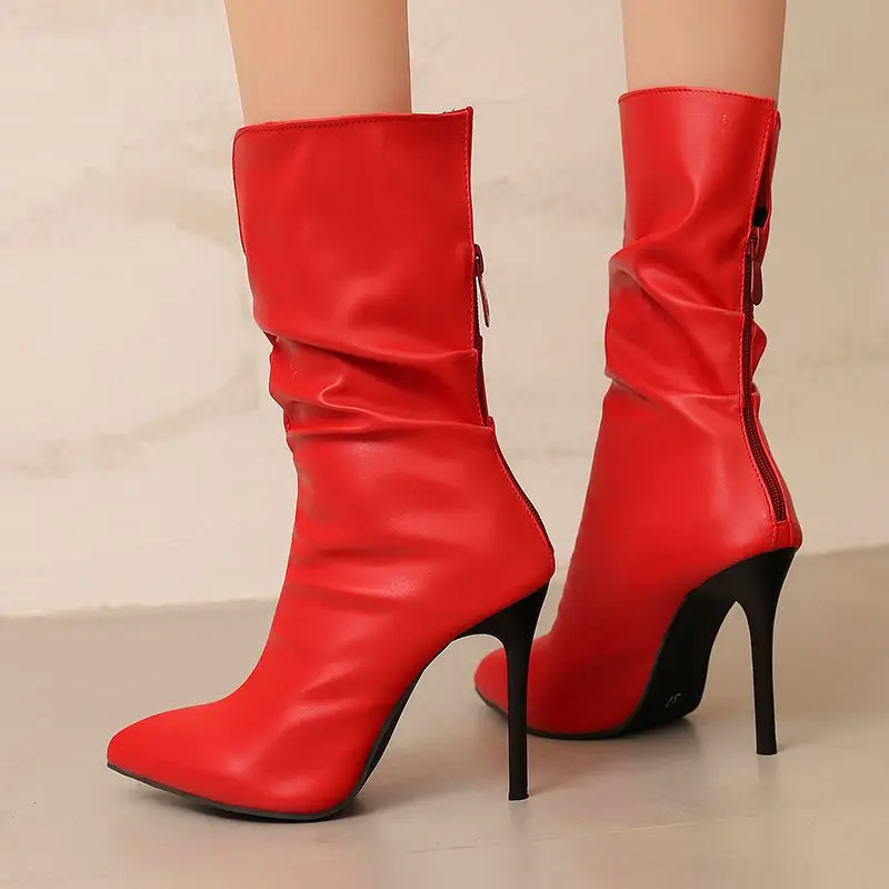 ORCHA LISA مثير المرأة منتصف العجل الأحذية أشار تو 10 سنتيمتر رقيقة عالية الكعب عودة سستة كبيرة الحجم 46 48 موضة يؤرخ نمط الحفلات