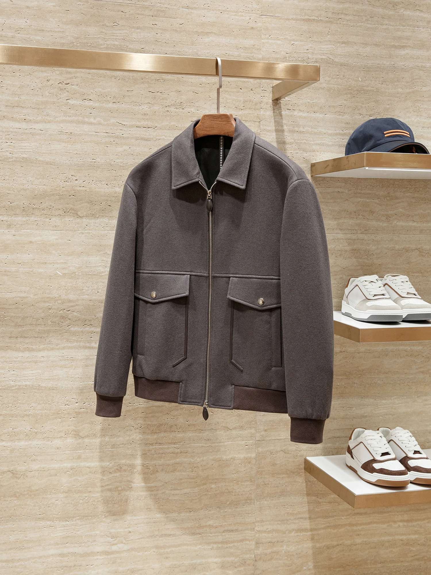 Italiaanse Sle Gentleman Wolmix Splicing Echt lederen kraag Herfst Winter Heren High End Turn Collar Tweed Jaet