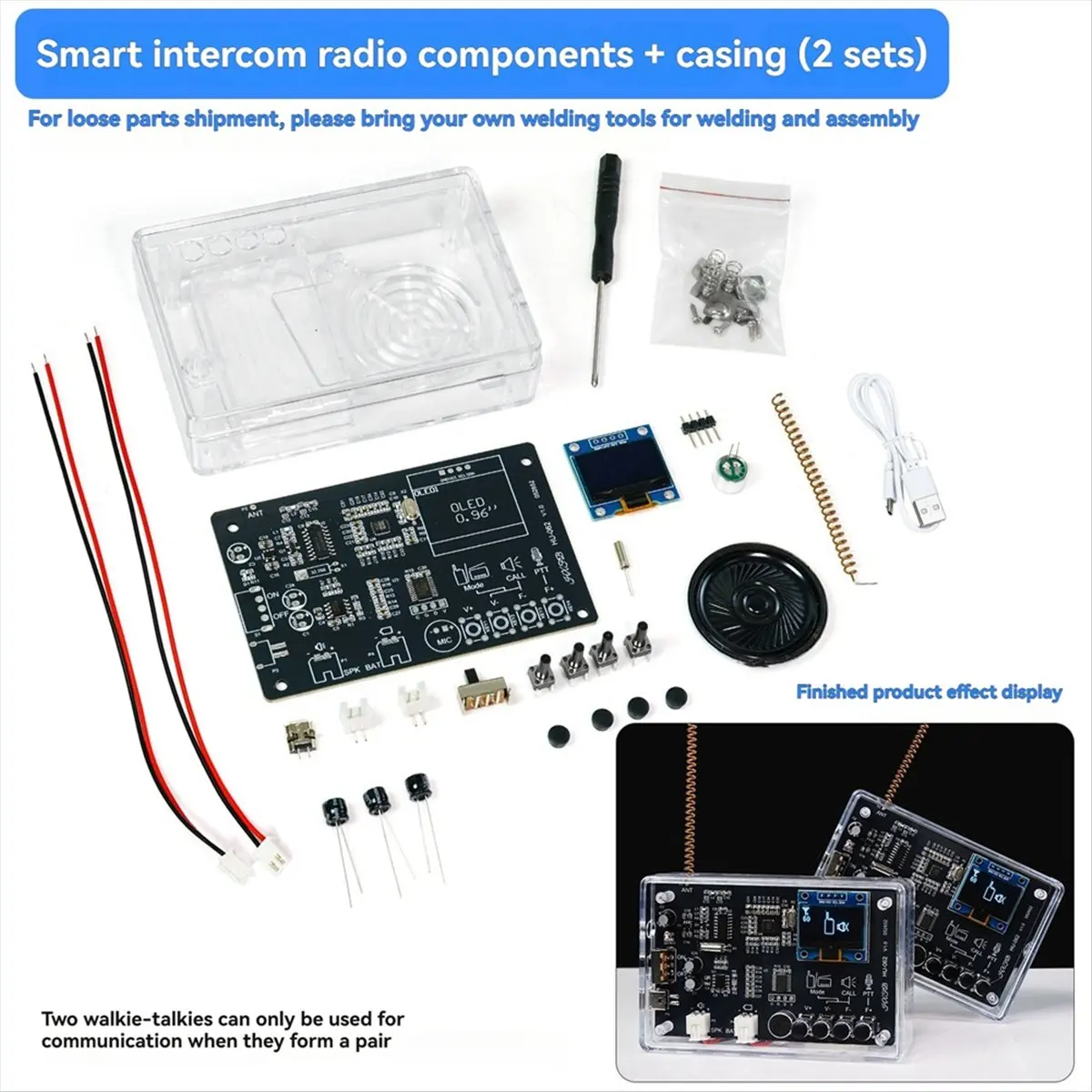ชุดวิทยุสื่อสาร A64I 2 เครื่อง ชุดประกอบวิทยุ FM ด้วยตัวเอง ความถี่ 409.85MHz ปรับได้ 87-108MHz หน้าจอ OLED ชุดบัดกรี DIY